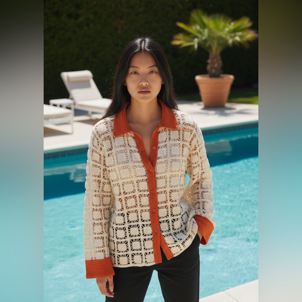 Elegant Crochet Button Down Shirt - Orange and Cream